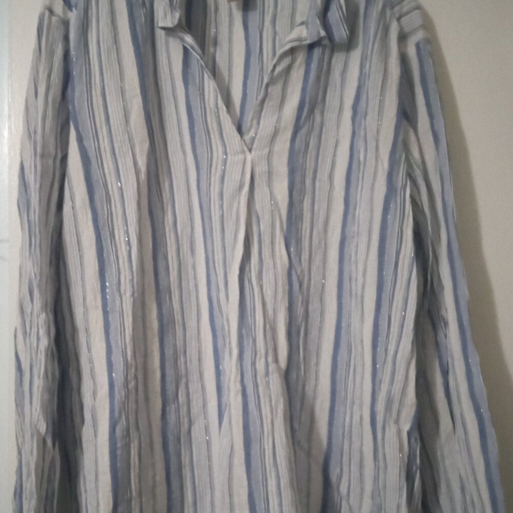 Chico's women top size 3 blue/white cotton casualwear funwear long sleeves